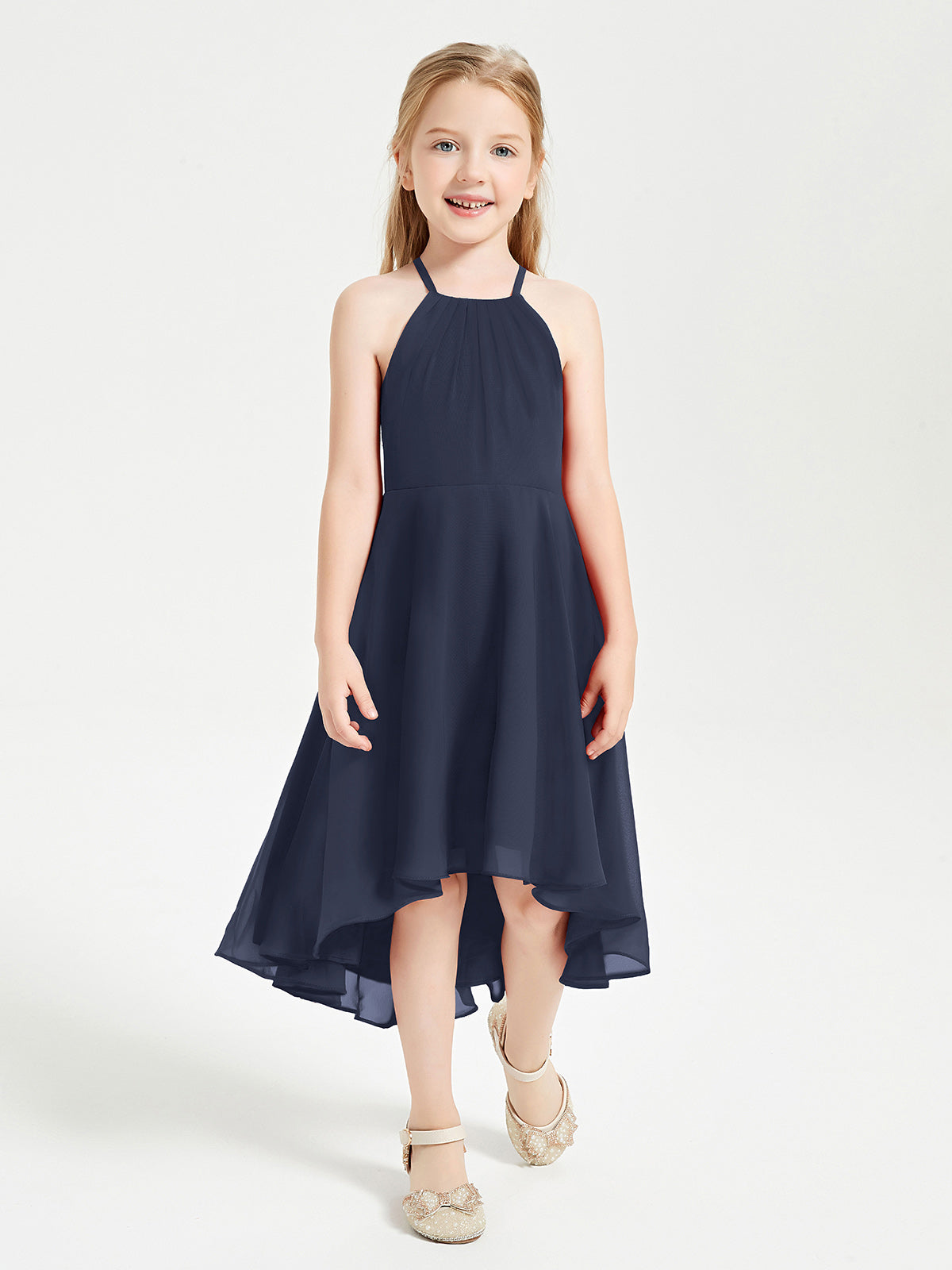 Tea Length Junior Bridesmaid Dresses with Asymmetrical Skirts Dark Navy
